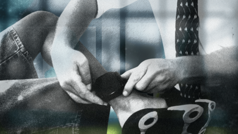 Designed graphic showing a man fitting an ankle tag to another man's leg.  Electronic monitoring (known as ‘tagging’) is used in England and Wales to monitor curfews and conditions of a court or prison order.