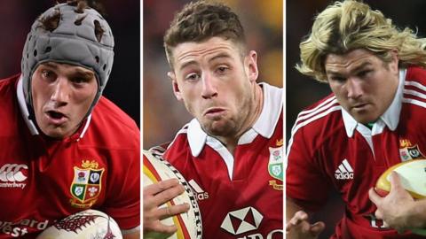 L-R: Jonathan Davies, Alex Cuthbert and Richard Hibbard attack for the Lions
