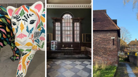 A sculpture of a tiger, the 18th-Century Chapel at Wentworth Woodhouse, and the Red Tower, York
