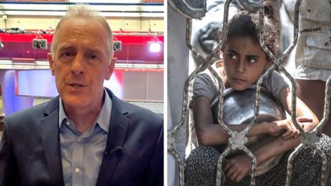 A composite image of Paul Adams speaking in the BBC studio and an image of a young girl in Gaza clutching a food bowl.