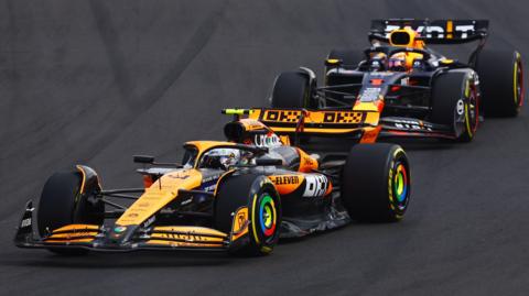 McLaren's Lando Norris ahead of Red Bull's Max Verstappen in 2024