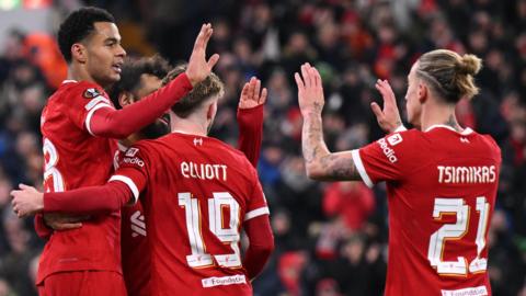 Liverpool celebrate going 2-0 up against LASK