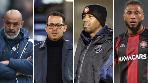 Split images showing the four black managers currently in the top four divisions of men's professional football - Nuno Espirito Santo, Liam Rosenior, Darren Byfield and Colin Kazim-Richards