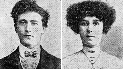 A split screen image of a man and a woman. The photos are black and white and grainy as they are scanned images from many years ago. They both have dark hair. The man wears a dark coat, light shirt and a dickie bow. The woman is wearing a high light collar