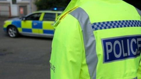 A stock image of the back of a police officer wearing a florescent green hi-vis jacket. A police car can be seen parked behind him with its emergency lights on.