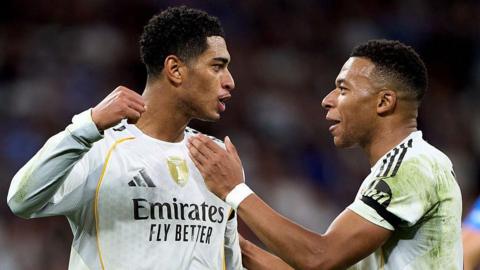 Real Madrid players Jude Bellingham and Kylian Mbappe celebrate
