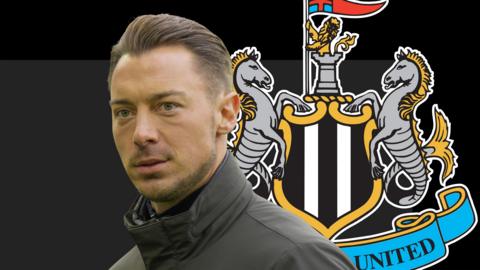 A graphic of Matthias Jaissle against a black background and the Newcastle club badge