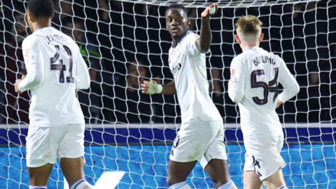 Jhon Duran celebrates scoring for Aston Villa against Wycombe in the EFL Cup