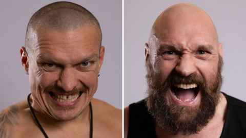 Split image of Oleksandr Usyk and Tyson Fury shouting into the camera