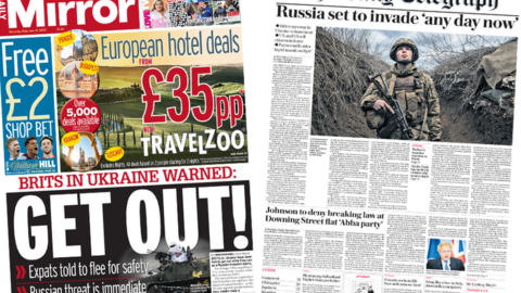 The Daily Mirror and Daily Telegraph front pages 12 February 2022