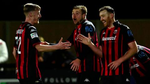 Goal celebrations for Luke Jephcott of Truro City during the National League match against Brackley Town