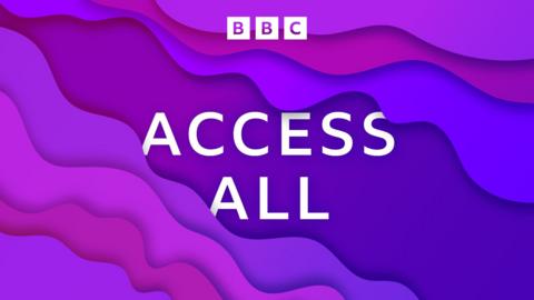 Access All logo, white print on swirly, purple background.