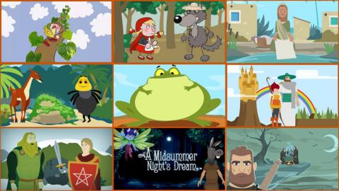 A montage showing illustrated images from 9 animated films, including Jack and the Beanstalk, showing a young boy climbing a vine that stretches into the sky and Little Red Reding Hood, showing a young girl in a red cloak talking to a smiling wolf in a straw hat.