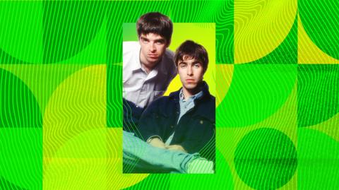 The Gallagher brothers on a bright green background
