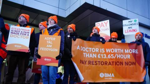 Junior doctor picket line at University Hospital of Wales