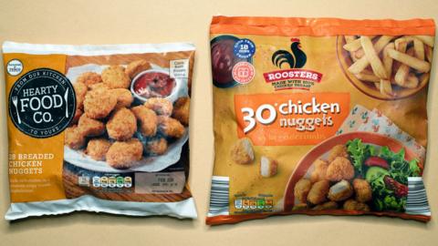 Two bags of frozen chicken nuggets - one from Tesco, the other from Aldi 