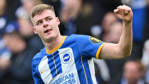 Brighton's Irish striker Evan Ferguson celebrates after scoring his team second goal during the English FA Cup quarter-final football match between Brighton & Hove Albion and Grimsby Town at the Amex stadium in Brighton