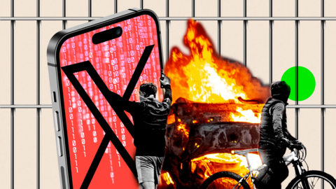 Montage image showing scenes of disorder alongside a smartphone displaying the X logo