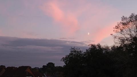 Pink clouds can be seen in a darkening grey sky. Trees are silhouetted against the sky in the foreground of the picture. The moon is just about visible in the sky - you can see around half of it illuminated as it's just about to reach the first quarter moon