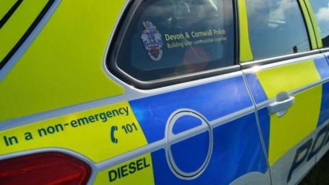 A police car photo. It is neon yellow and a dark blue colour. The Devon & Cornwall Police logo can be seen on the side of the vehicle.