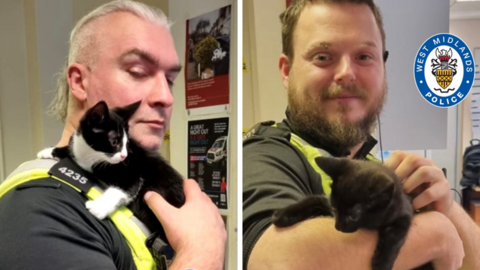 Two police officers in uniform can be seen posing, each with a kitten. One of the kittens is black with white socks and chest, while the other is all black.