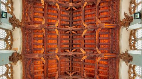 Wooden church ceiling containing decorated angels