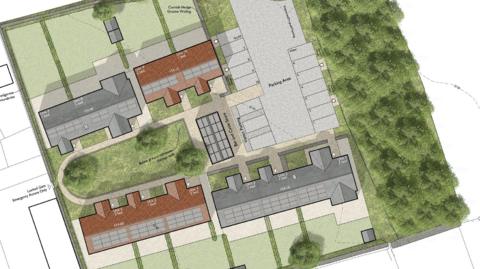 The image is an architectural site plan for a proposed housing development project with multiple structures are labelled with numbers and letters, arranged around a central area, central open space likely intended for communal or recreational use and areas with trees and landscaping, including a feature labeled "Central Hedge Grove Walkway".