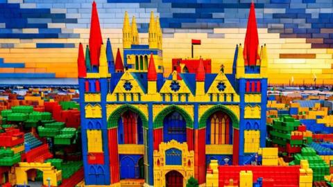 A model of a cathedral made of bricks in bright colours such as red, yellow, green and blue
