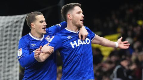 George Hirst celebrates scoring for Ipswich