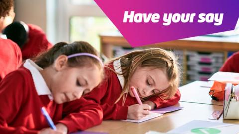 Two school children write in exercise books. On top of the photo is a border with a bit of text reading "Have your say"