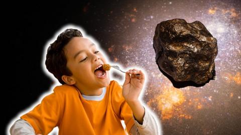 graphic of boy eating from a fork, with an asteroid in the background.