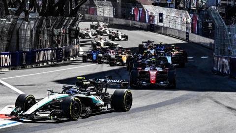 Mercedes' Kimi Antonelli leads the field at the start of the Monaco Grand Prix