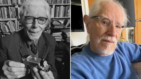 A black and white photo of Rev Wilbert Awdry holding a small model of Thomas the Tank Engine, and a colour picture of his son, Christopher Awdry, who is now 85 