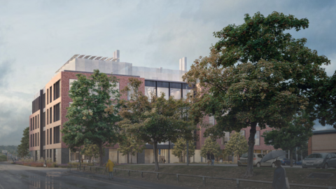 A CGI picture of a new four-storey lab space, with trees planted in front of it. Two people are walking on a pavement, one wearing a yellow coat with a hood up and another with a dark coat and an umbrella