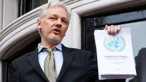 Julian Assange outside the Ecuadorean embassy