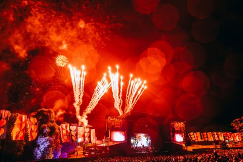 Fireworks coming out of the main stage at Kendal Calling