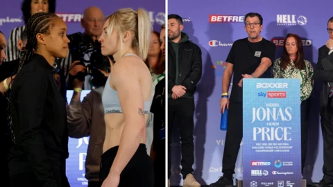 Split image of Natasha Jonas facing off with Lauren Price and Joe Gallagher pointing at weigh-in scales