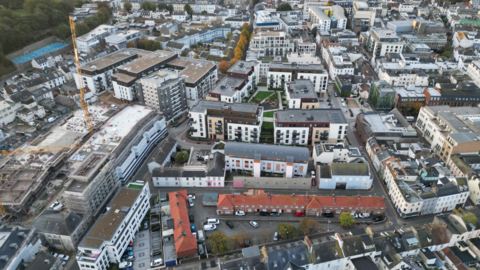 A picture of a drone shot of Jersey. Taking above looking down on the houses.