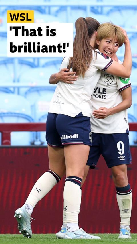 West Ham's Riko Ueki smiles in her goal celebration while being hugged by team-mate