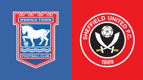left side of the image has a blue background with the ipswich town badge and the right side has a red background with the sheffield united badge