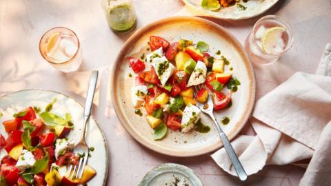A table with two plates of caprese salads.