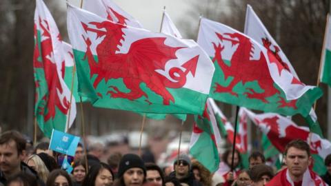 People waving Welsh flags on St David's Day