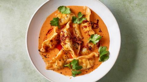 A white bowl full of creamy chilli-coconut broth with several grilled Chinese dumplings in it, garnished with fresh coriander leaves.