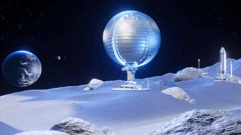 Illustration of a glass dome living space on the surface of the Moon with Earth in the background