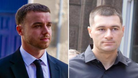 Lewis Peter Carr (L) in a suit and tie and Artur Sevash-Zade (R) in a black shirt arriving at Jersey Royal Court for L'Ecume II Trial - split pic 
