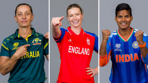 A split graphic of Australia's Ash Gardner (left), England's Lauren Bell (centre) and India's Deepti Sharma (right)