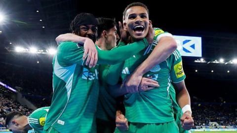 Malick Thiaw celebrates after scoring for Newcastle United against Everton at the Hill Dickinson Stadium on 29 November, 2025