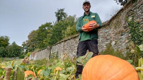 A man wearing a green T-shirt and fleece with a name badge and wearing a cap is standing in a walled garden holding a pumpkin smiling. In front of him is a giant pumpkin standing out of the vegetable patch which also has more smaller pumpkins growing. Behind the wall are trees.