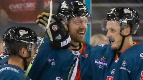 Belfast celebrate Griffin Reinhart's goal against Fife