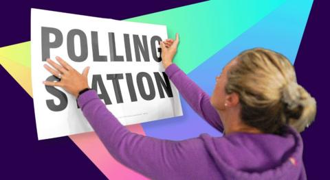 A graphical image shows a woman wearing a purple hoodie and with blonde hair tied back, puts up a Polling Station sign